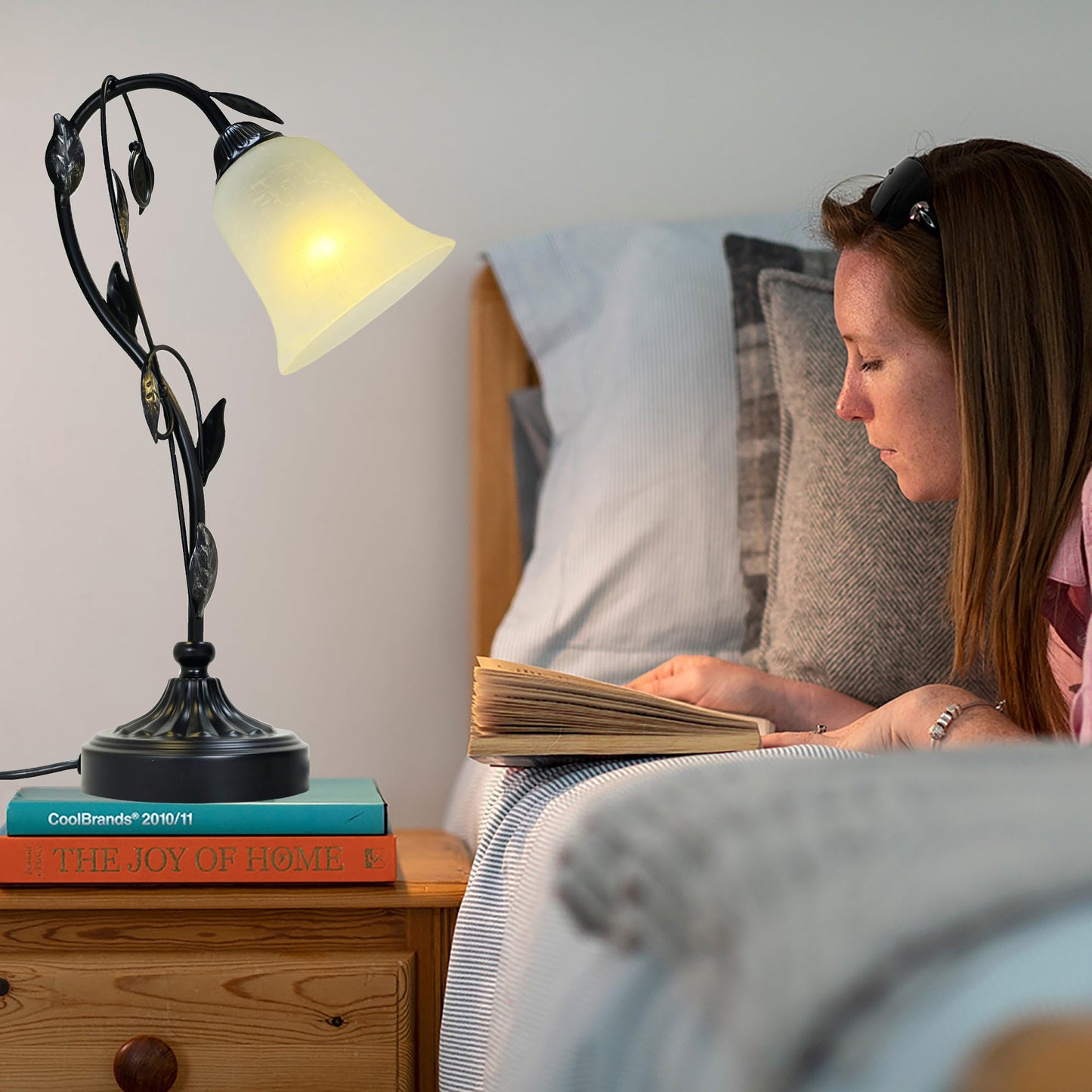 Flashell Touch Table Lamps, Flower Vintage Nightstand Lamp, Rustic Reading Bedside Light, Dimmable Farmhouse Stained Glass Lamp with USB for Bedroom Living Room, E26