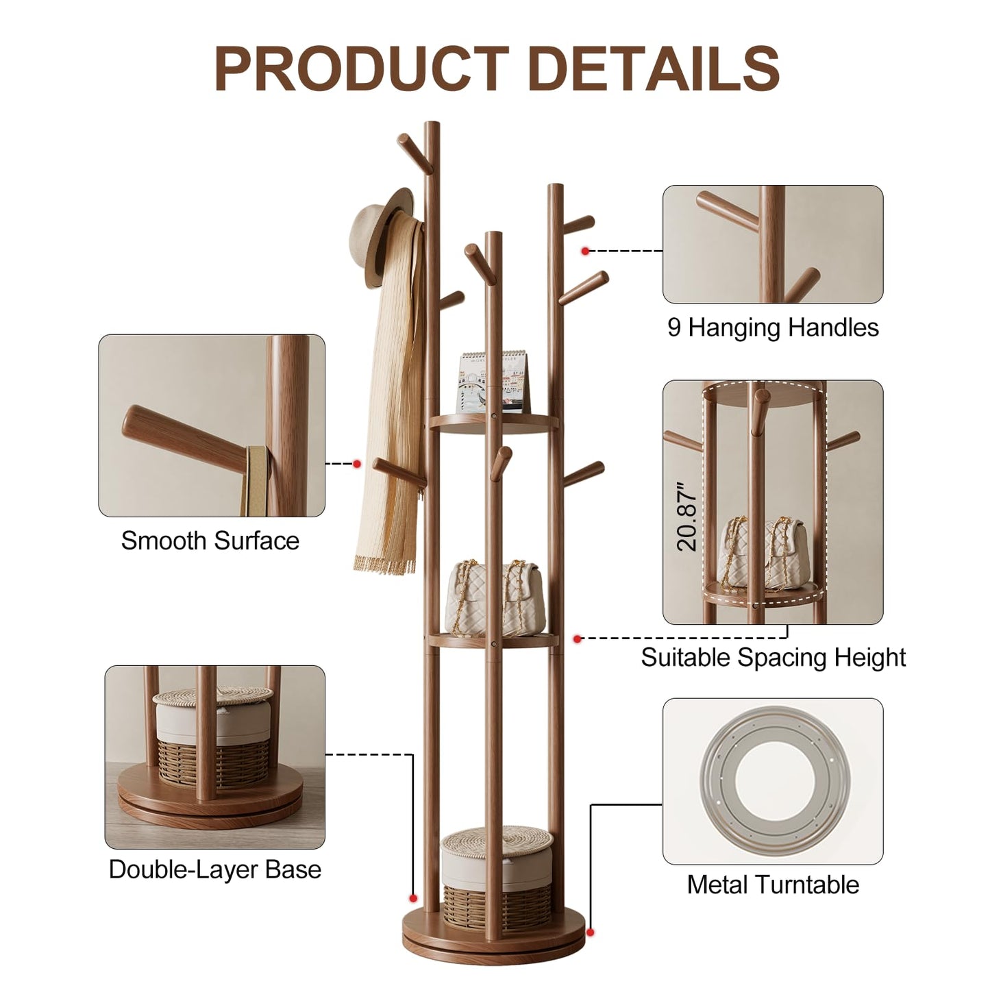 Muwuele Solid Wood Rotary Coat Rack, Freestanding Coat Rack with 3 Shelves and 9 Hooks, Coat tree for Bedroom, Entryway, Livingroom, Coat Hanger Stand for Coats, Scarves, Handbags (Walnut)