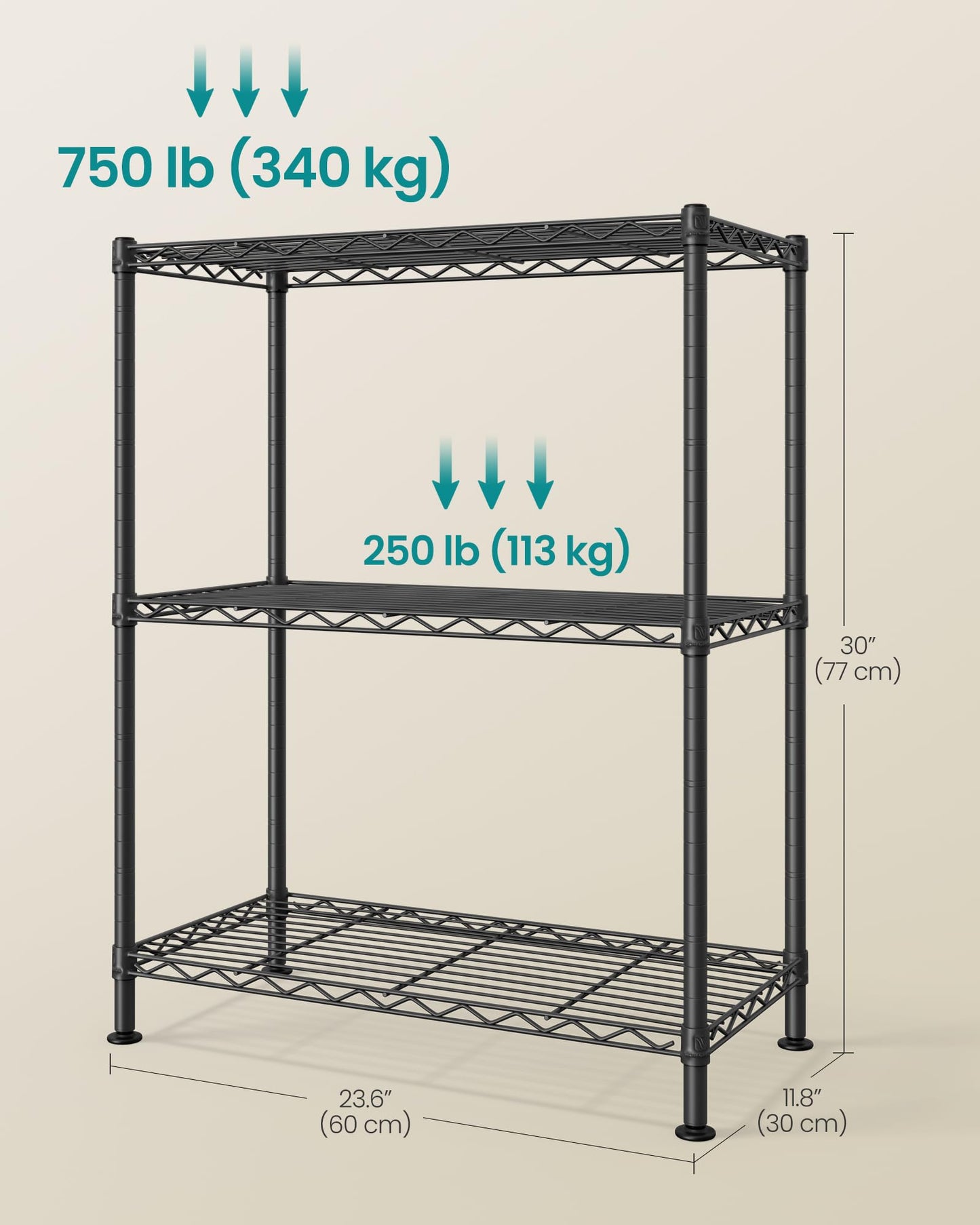SONGMICS Storage Shelf, Metal Wire Shelving Unit, Adjustable Shelves, for Garage, Bedroom, Living Room, Kitchen, Pantry, 3 Tier, 11.8 x 23.6 x 30 Inches, Ink Black ULGR163BH01S