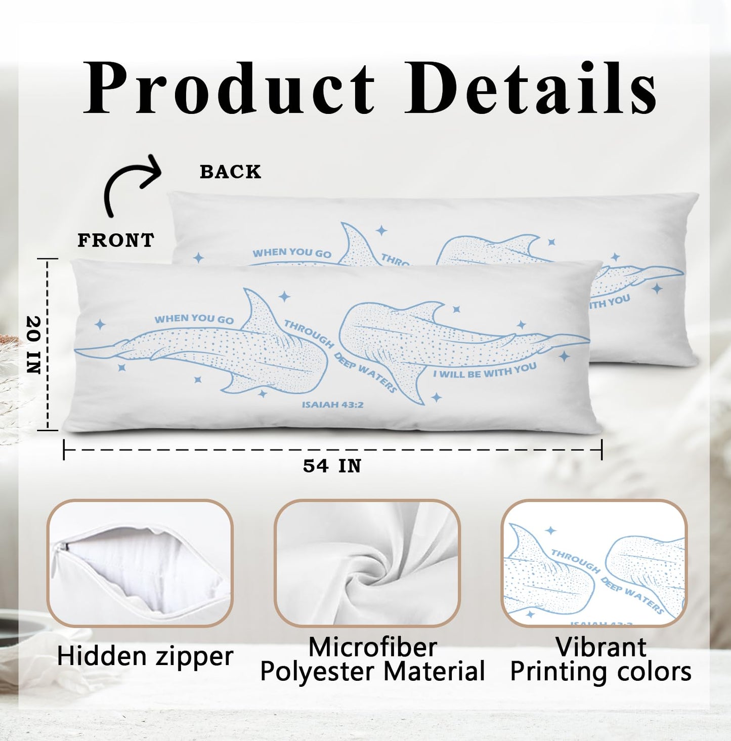 PQKIY Trendy Whale Shark Christian Body Pillow Covers 20x54,Christian Room Decor，Religious Gifts for Women, Isaiah 43:2 Bible Verse Decorative Long Body Pillow Cover for Couch Living Room Bedroom