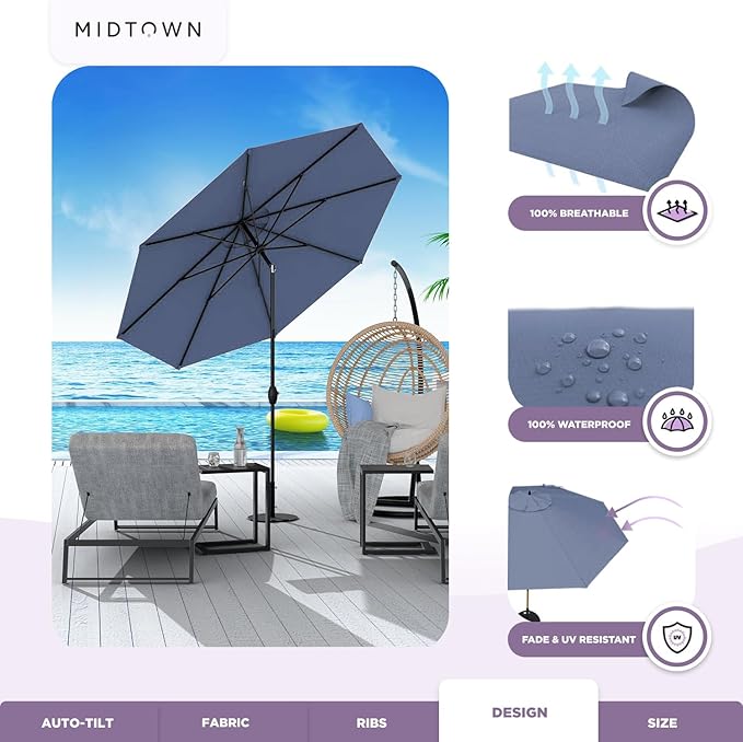 Midtown Umbrellas 10-Year-No-Fade - 6 Ft - UV Proof Pale Navy Polyester Fabric - Umbrella Outdoor Patio, Auto-Tilt Aluminum Frame Large Patio Umbrella for Garden, Pool & Deck - Black Pole