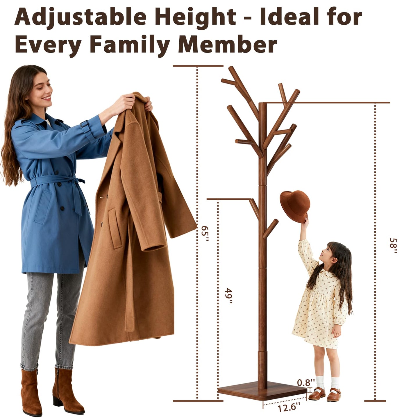 Olpchee Solid Wood Coat Rack - Freestanding Coat Hat Rack Stand with 14 Hooks, Clothes Rack Heavy Duty Space Saving Entryway Coat Tree Hanger Rack for Coats Jackets Hats Bags, Adjustable Height