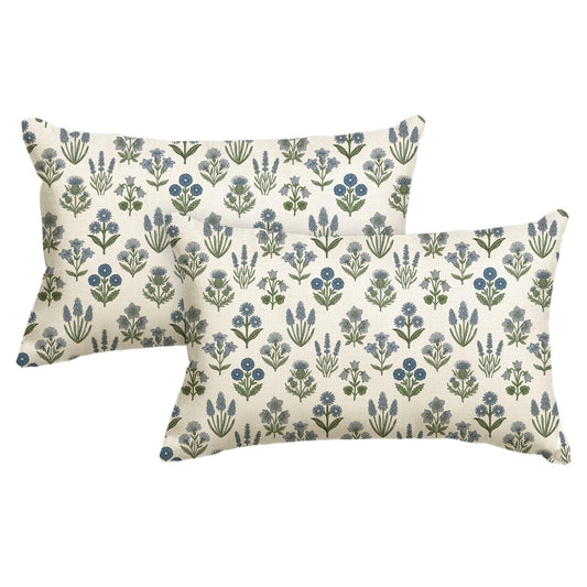 AVOIN colorlife Spring Vintage Floral Throw Pillow Cover, 12 x 20 Inch Seasonal Flowers Rustic Farmhouse Blue Green Cushion Case Decoration for Home Sofa Couch Set of 2