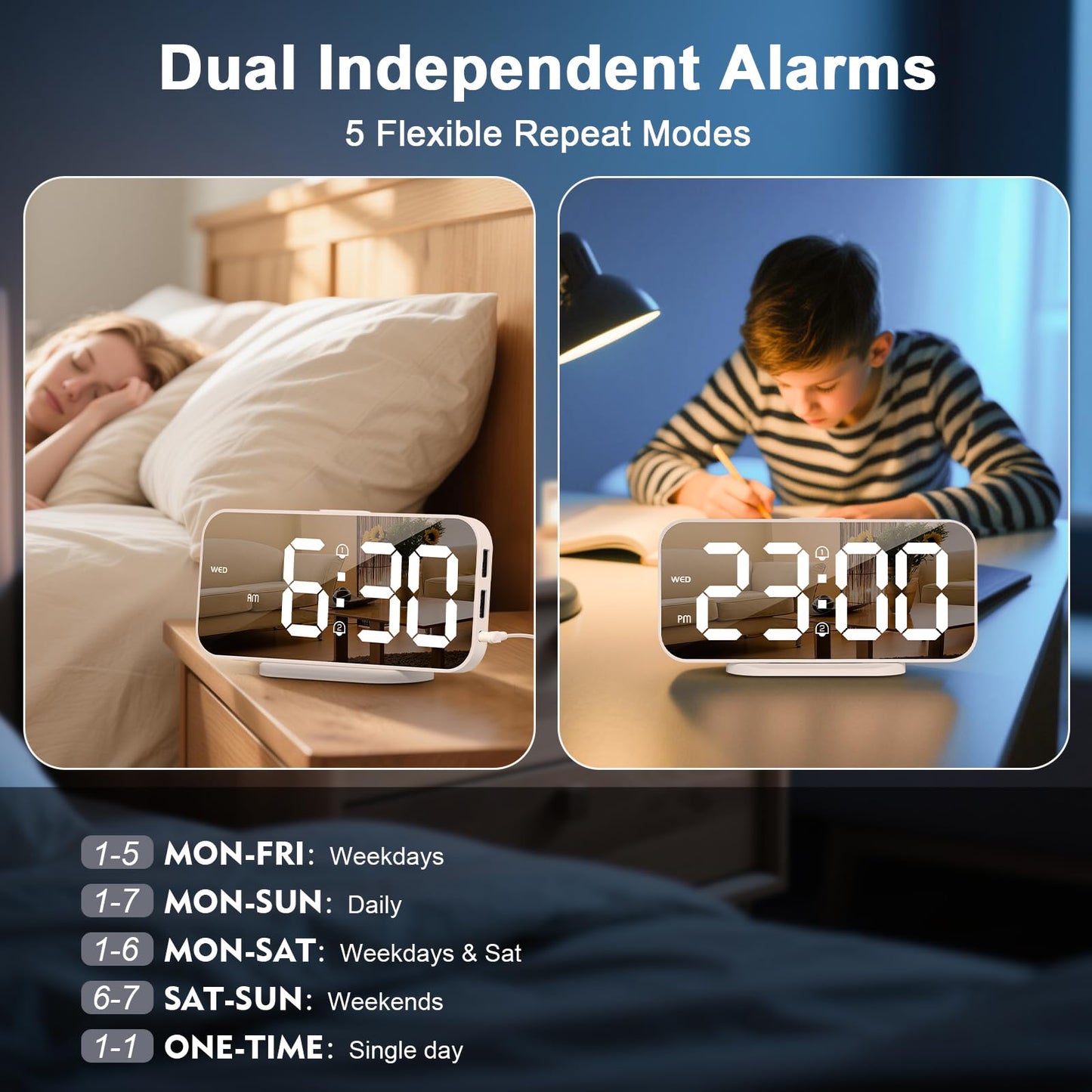 ALANAS Aesthetic Digital Alarm Clock, Big Mirror Display with Dual USB Charger Ports, Dual Alarms, Snooze, 4-Level Adjustable Dimmer, for Bedroom, Office, Desk, Plug in LED Clocks