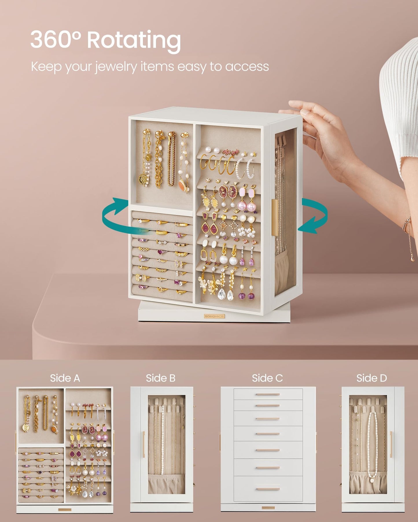 SONGMICS GISELLA Collection - Jewelry Box 360° Rotating, Jewelry Storage Case with 7 Drawers, Jewelry Organizer, Glass Window, Open Design, Great Gift, Light Warm White and Light Camel UJBC201W01