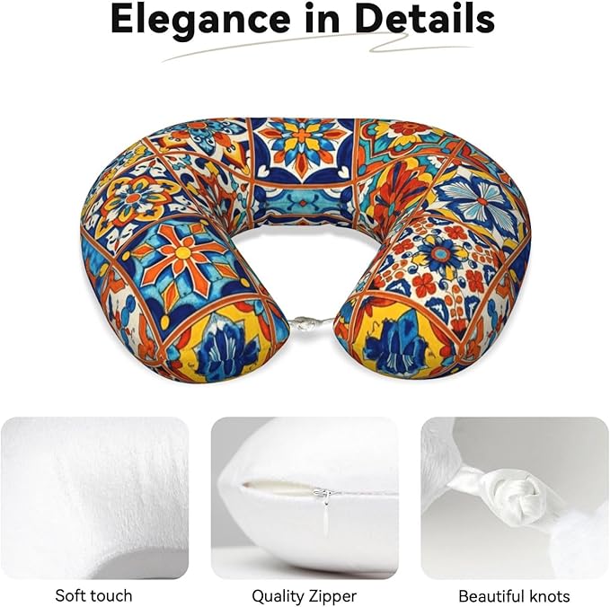 Neck Pillow Memory Foam Chin Cushion with Breathable Cover Talavera Mexican Tiles, Cute Airplane Car Pillows for Office Head Pain Relief