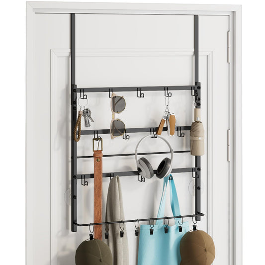 Consumest Over The Door Organizer - 4 Tier Door Hanger Hooks for Hanging Clothing, 24 Inches Long Coat Hanger for Bedroom, Bathroom, Laundry or Dorm Room, Black