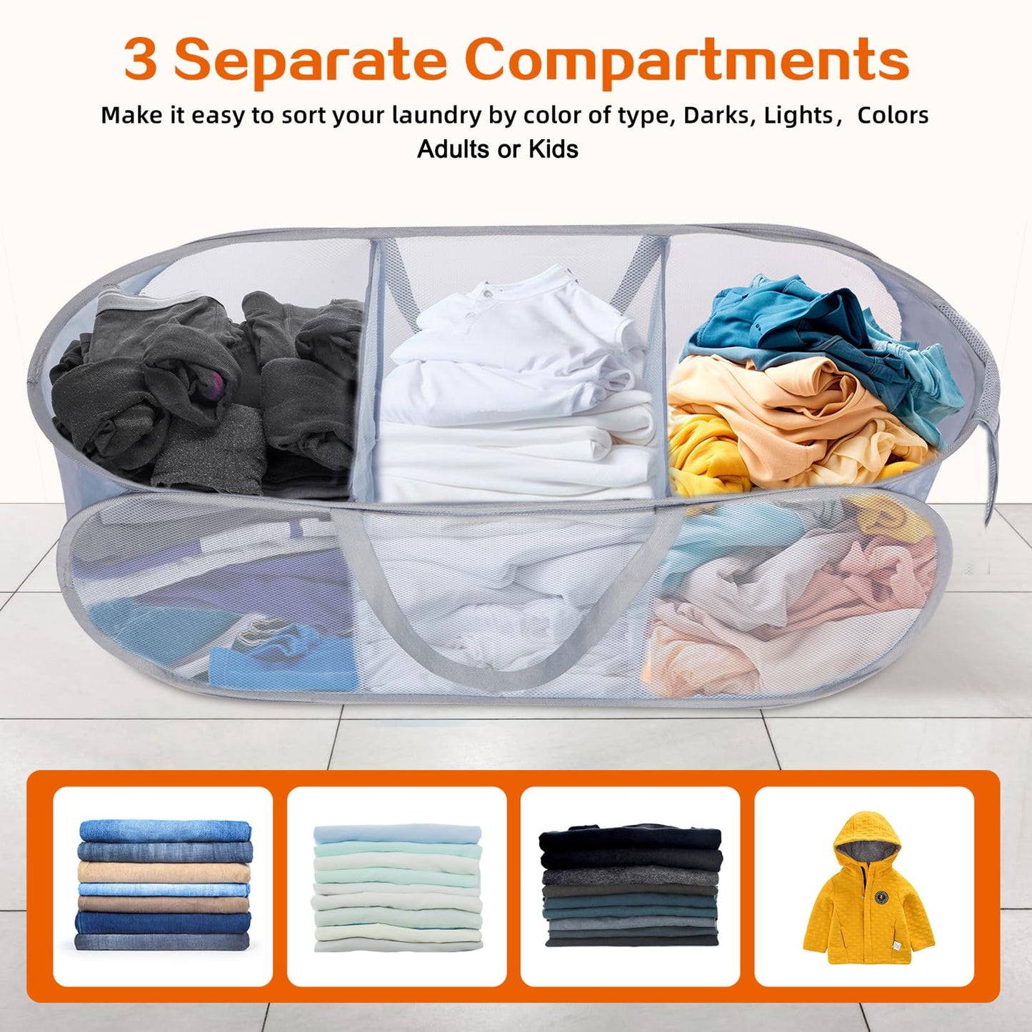 Durable Collapsible Foldable Pop Up Laundry Hamper, Sturdy 3 Compartments, Handy Pocket & Easy to Sort Clothes Hampers for Dorm, Kids Room, Travel - Grey