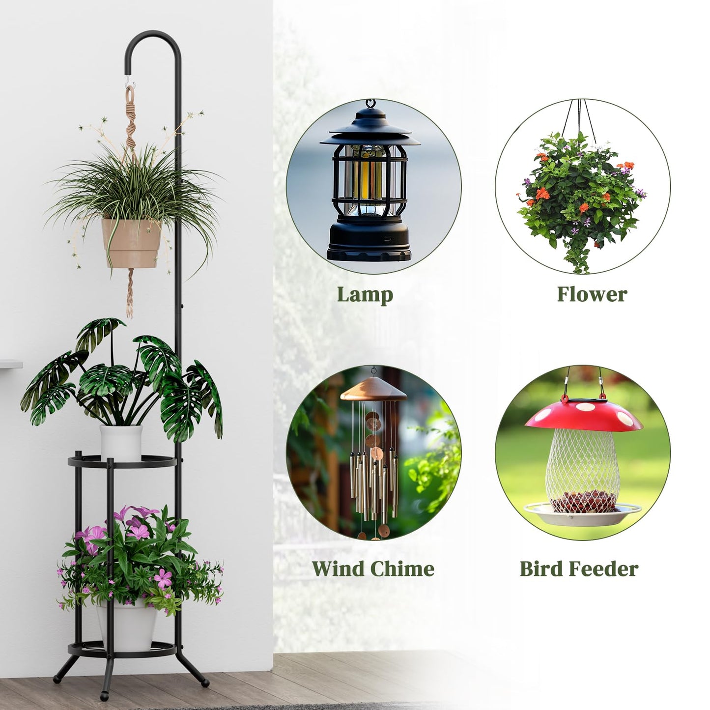 PULIJIAJU 2-Tier Metal Plant Stand with Hanging Hook, Space-Saving Iron Plant Shelf, Heavy Duty Corner Plant Stand ,Planter Holder for Bedroom Balcony Living Room Patio Garden(Hook Style)