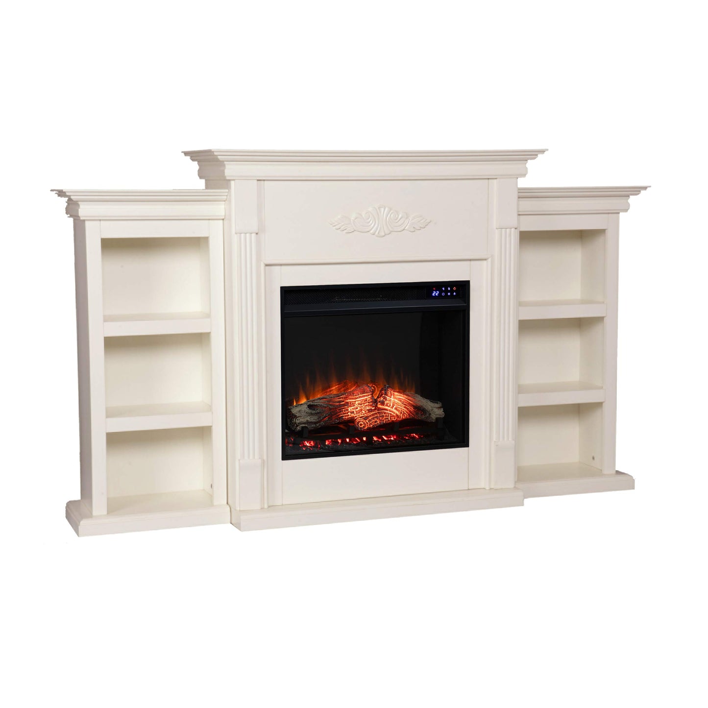 SEI Furniture - Tennyson Touch Screen Electric Fireplace with Book Shelves - Ivory - Transitional Design, Ivory Glass and Wood - Ideal for Living Room, Bedroom (FR8544)