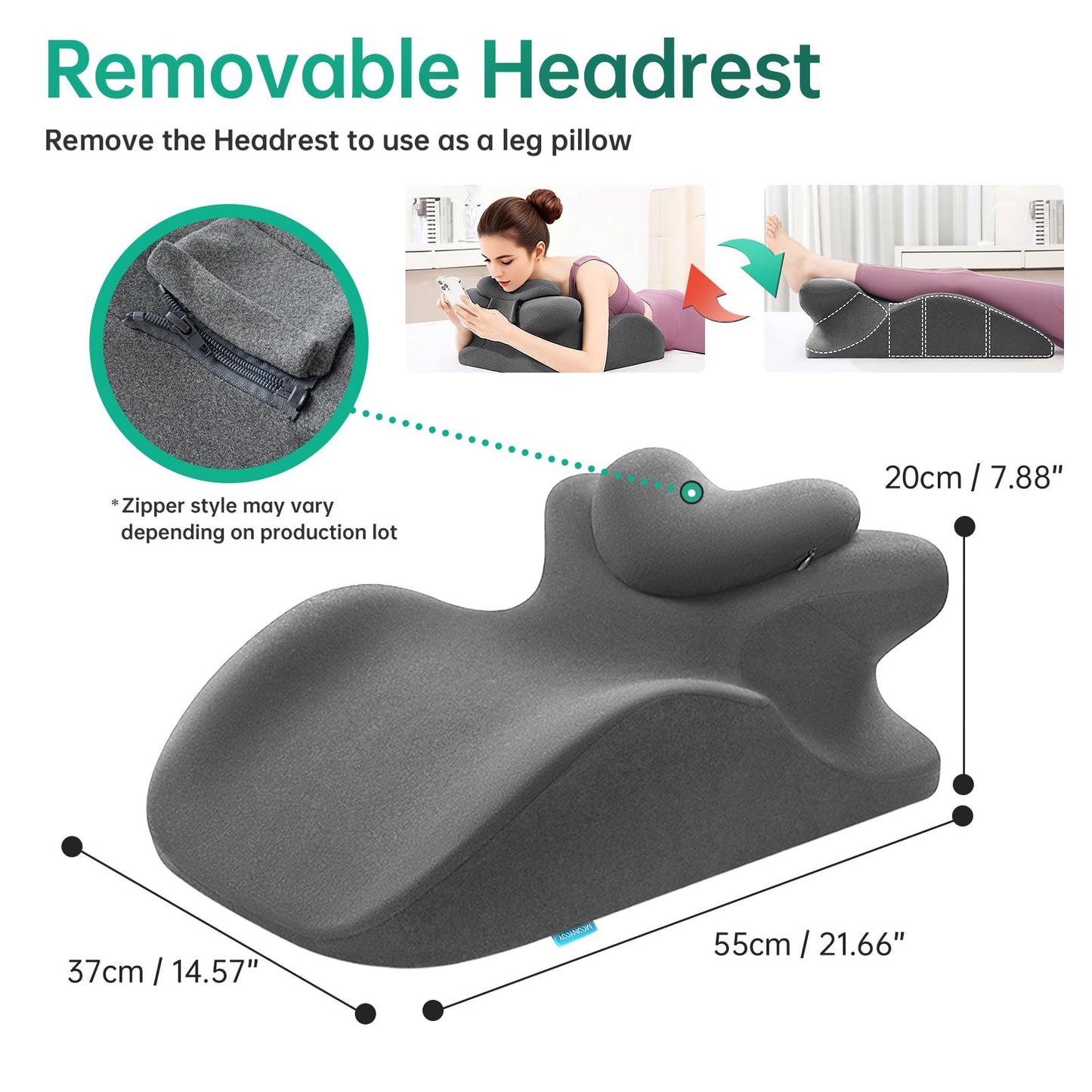 MOONYOOY Memory Foam Ergonomic Rest Pillow for Sleeping, Acid Reflux & GERD Relief - Elevation Bed Support Pillow for Back Pain, Post Surgery Recovery, Reading with Removable Washable Cover Gray
