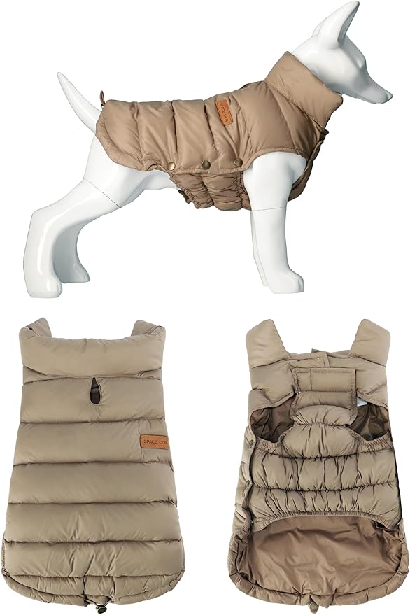 SPACE LION Dog Puffer Jacket, Down Winter Coat, Durable Outdoor Coat for Cold and Windy Conditions, Lightweight & Adjustable Fit Coats for Small & Medium Dogs, (Camel, Size 12 Gift Box)