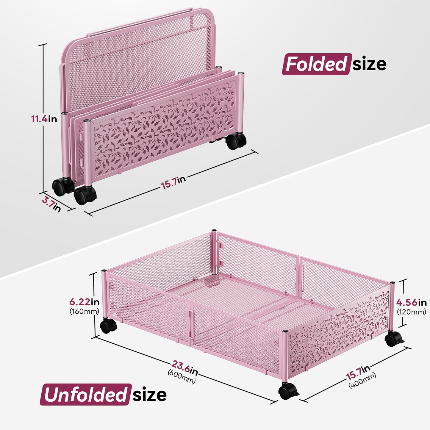 PHINOX Under the Bed Storage Containers with Wheels, Under Bed Storage, Under Bed Shoe Storage Organizer Drawer, Tool-free Assembly Metal Underbed Storage Containers -Pink