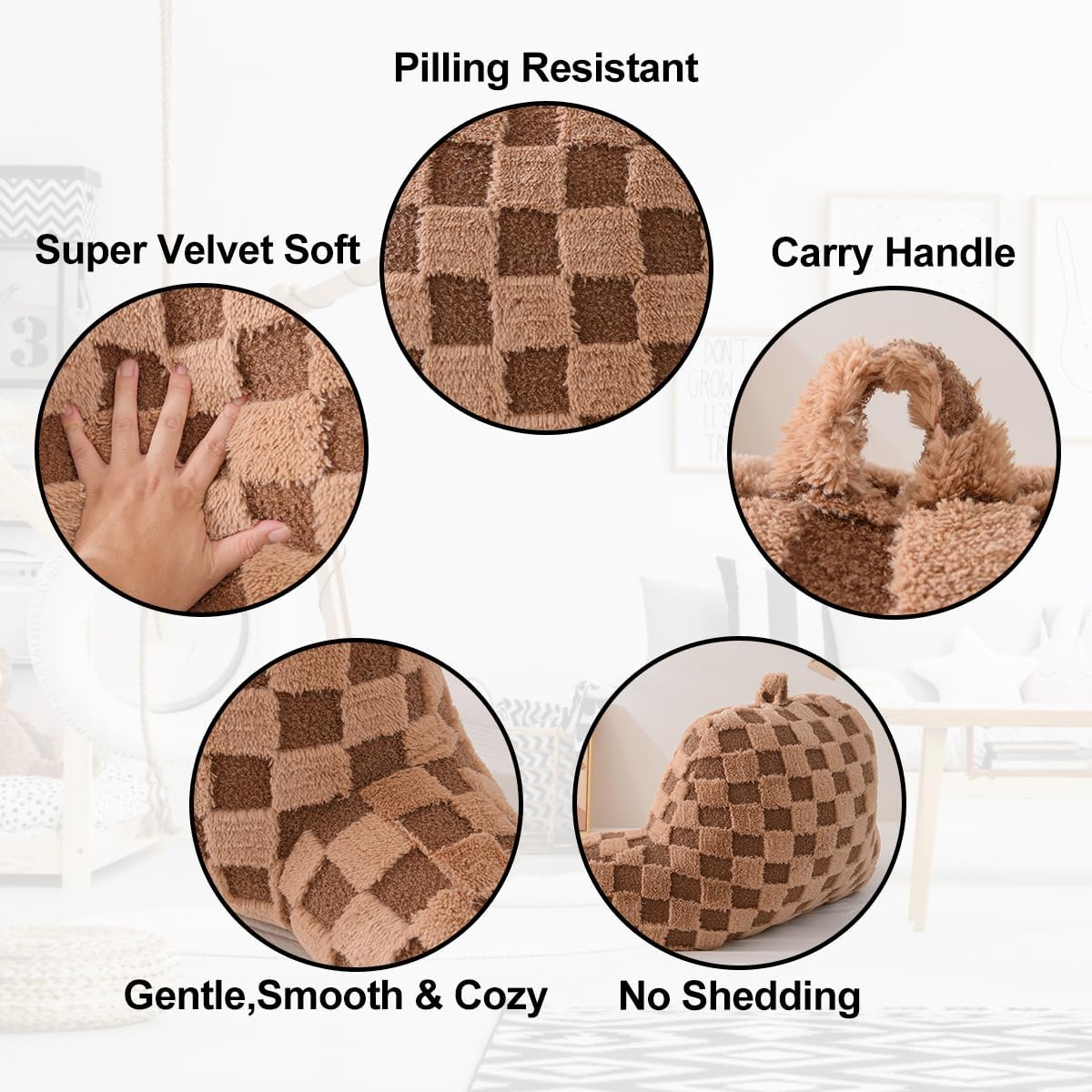 Holawakaka Checkered Reading Pillow for Bed and Sofa Couch Sitting Up, Backrest Pillows with Arms for Kids Teens Adults, Back Support Cushion for Lounging, Watching TV, Working on Laptop Khaki