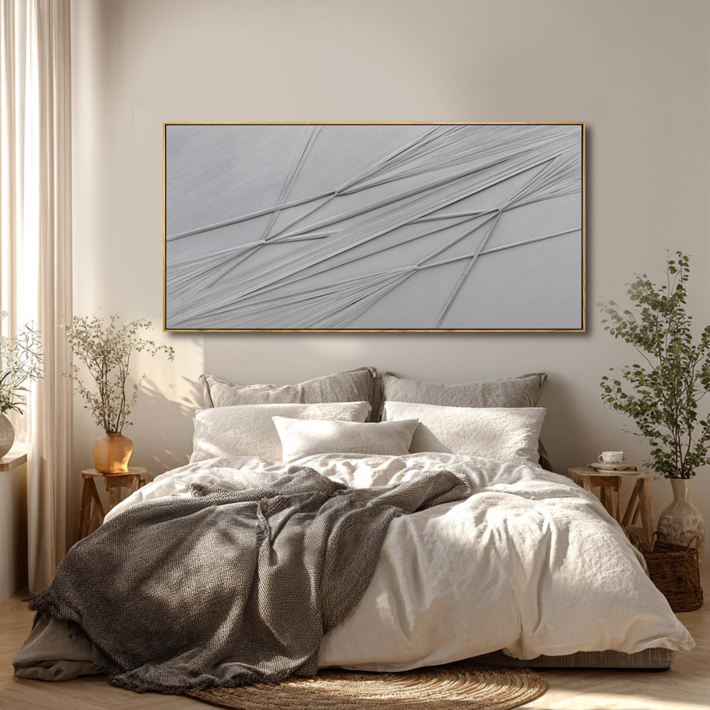 Framed Wall Art 24x48 Inch, Hand Painted Textured Canvas Painting with Wood Frame, Grey Abstract Minimalist Line Decor for Dining Room Living Room Bedroom Office