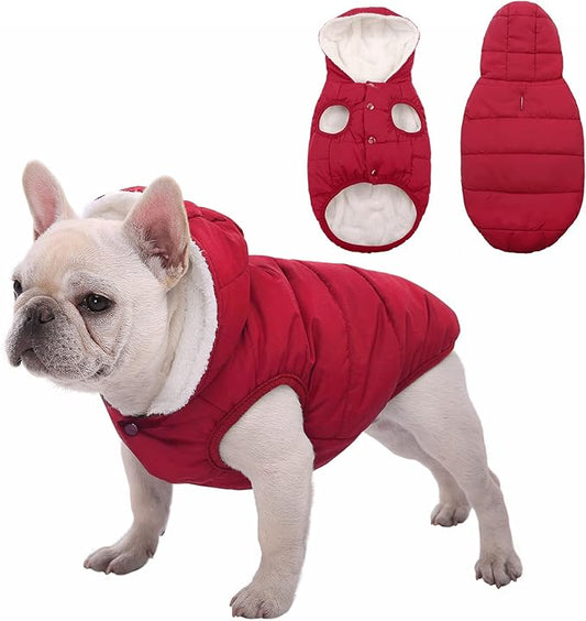 Fleece Hoodie, Windproof Waterproof Dog Coat, Winter Warm Jacket, Cold Weather Pet Apparel Clothes Vest for Small Medium Large Dogs (S, Red)