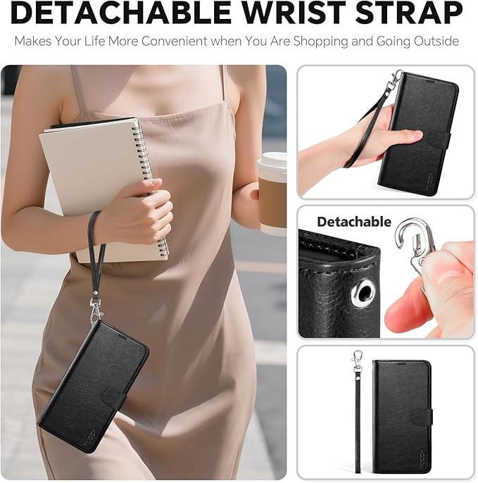 TUCCH Detachable Case Wallet for iPhone 17 (6.3") 2025, Removable Wrist Strap, Wireless Charging, Stand, 4 Card Slots RFID Blocking, 2-in-1 Magnetic, PU Leather, Shockproof Folio Cover, Textured Black