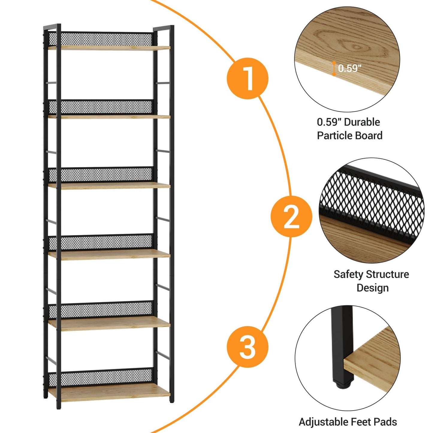 6 Tier Bookshelf，Tall Narrow Bookcase with Metal Guard Panels, Industrial Wood and Metal Display Shelf, Freestanding Storage Rack for Bedroom, Living Room, Home Office，Matte Black， Rustic Brown