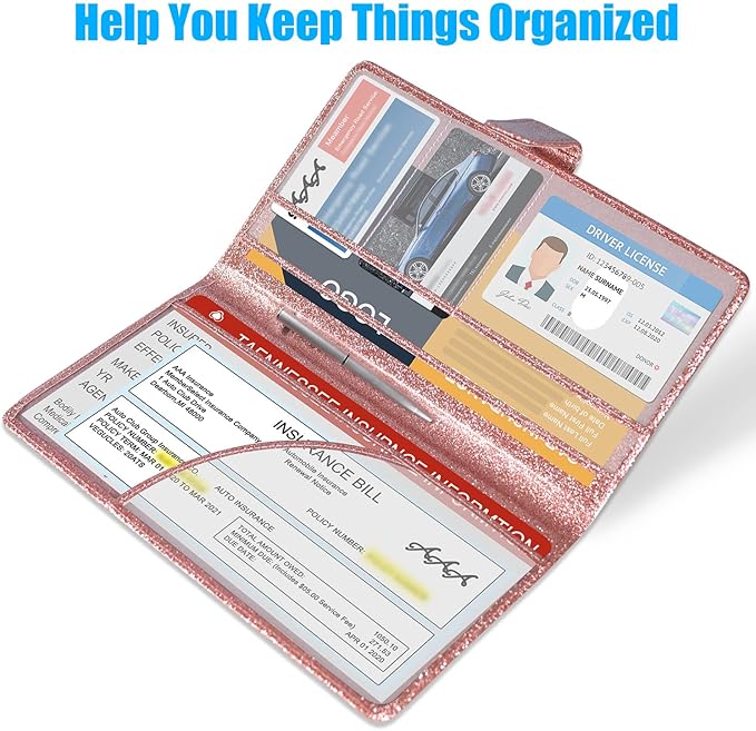 DMLuna Car Registration and Insurance Holder, Leather Vehicle Card Document Glove Box Organizer, Auto Truck Compartment Accessories for Essential Information, Driver License Cards, Glitter Rose