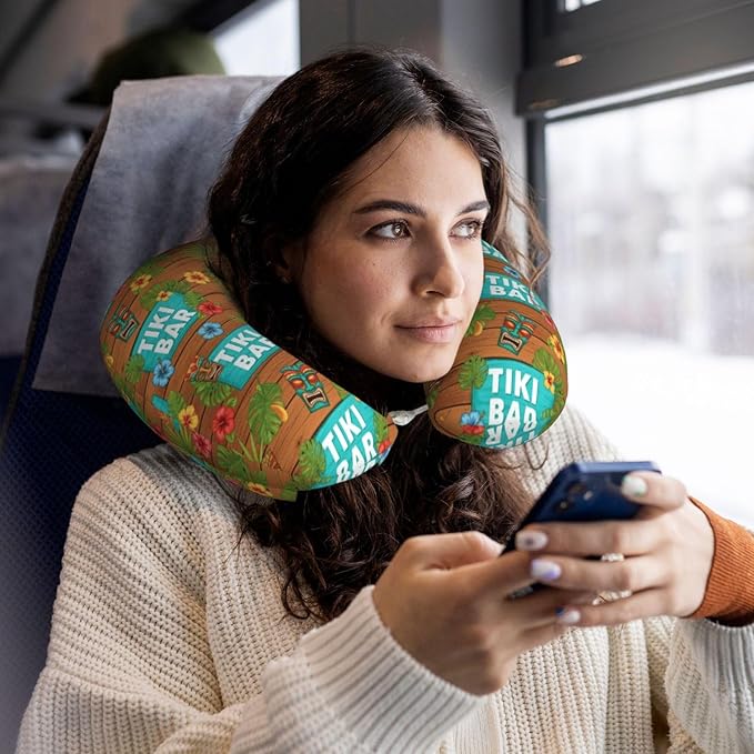 Memory Foam Airplane Pillow Summer Tiki Bar for Car Chin Head Neck Supporting, U Shape Pillows Travel Cushion for Office, Nap Sleeping