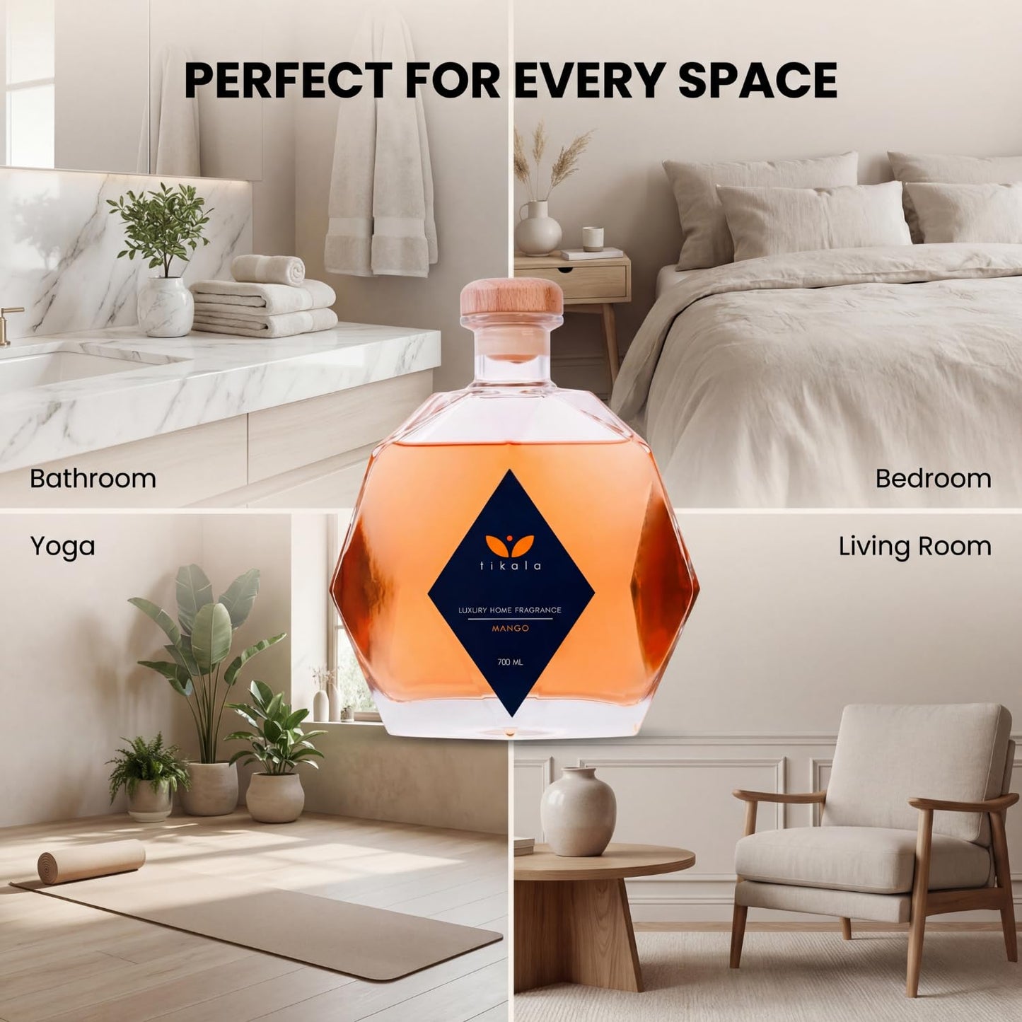 Tikala Luxury Reed Diffuser with Mango Scent – Crystal Glass Bottle – Home Fragrance for Living Room, Bathroom & Office – 23.67 fl oz (700 ml)