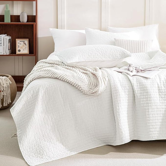 Sanracie Stonewashed Cotton Quilt Set King Size(110"x98"), Milk White Quilt Coverlet Bedding Set Cross Stitch Pattern 3Pcs Lightweight Crinkle Quilted Bedspread Set for All Season