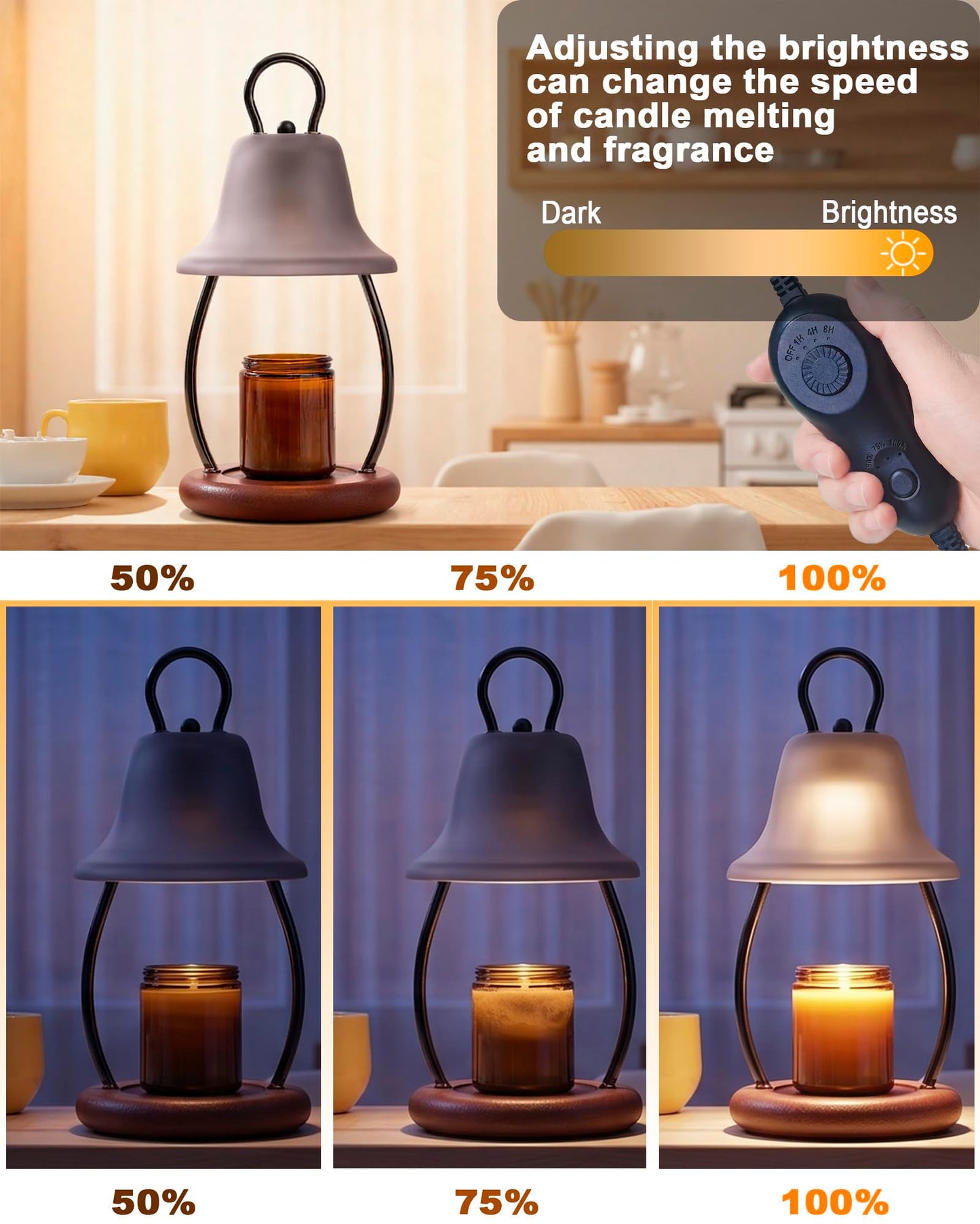 HONGZZI Candle Warmer Lamp with Timer - Adjustable Brightness & Glass Shade - Wooden Base with 2 Bulbs Included (Black)