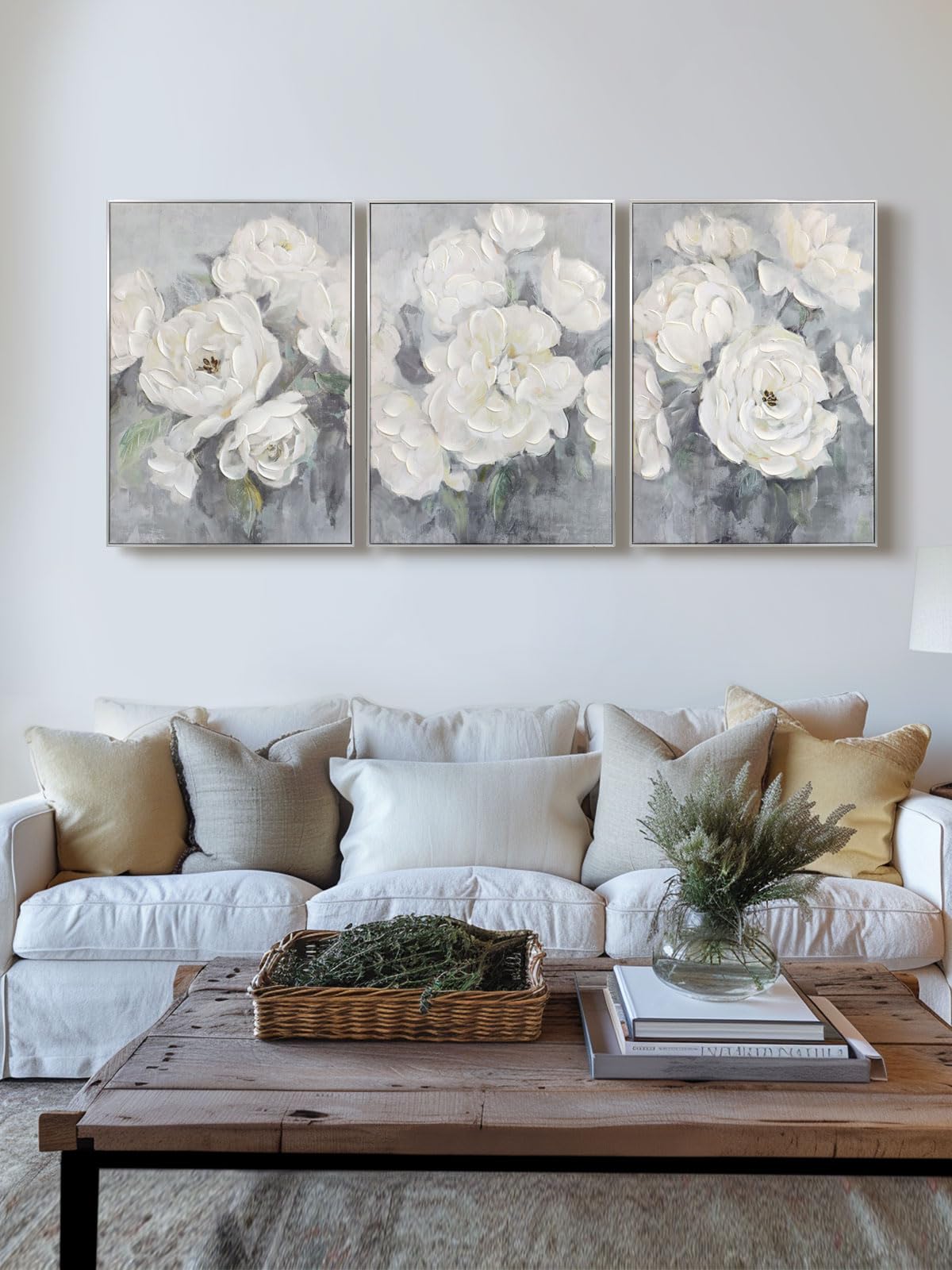 Zessonic Gray and White Floral Wall Art Textured Set Of 3 Flowers Painting Canvas Neutral Prints Aesthetic Botanical Wall Decor Nature Pictures Living Room Bedroom Bathroom Office 20"x28"x3pcs