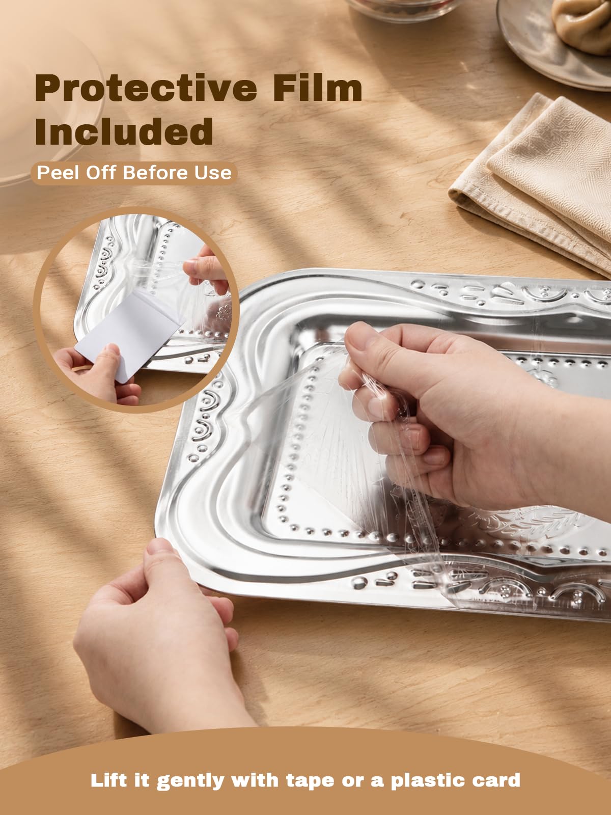 4-Pack Silver Serving Trays Set - ZENOVLUX Lightweight Bow Floral Engraved Mirror Decorative Tray, 13.8" x 8.7" Wedding Party Platters for BBQ, Food, Appetizer, Charcuterie, Cookies, Desserts