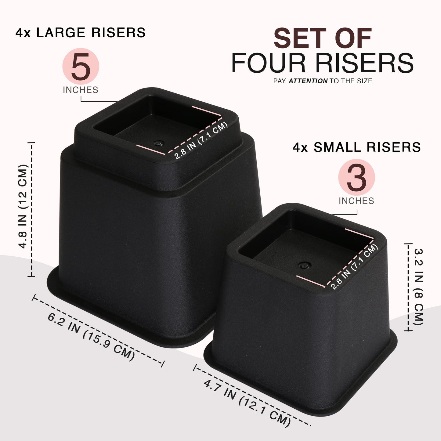 Utopia Bedding Bed Riser, 3 & 5 Inches Adjustable Furniture Risers for 8 Inch Combined Furniture Lift, Under Bed Storage & Dorm Room Essential, Supports Up to 1,300 lbs (4 Set, Black)