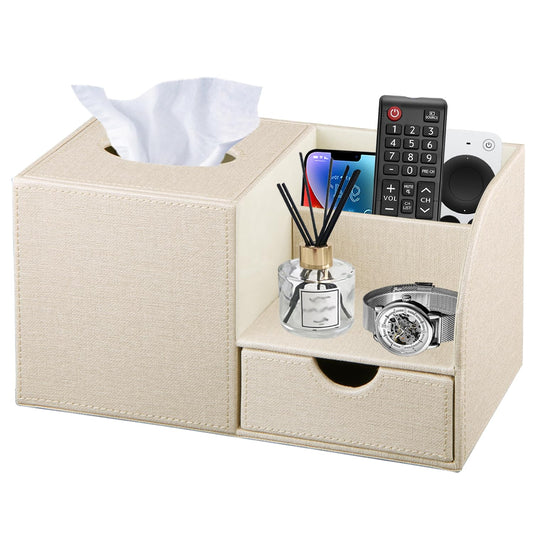 Nightstand Organizer with Tissue Holder,PU Leather Square Tissue Box Cover,Modern Facial Paper Organizer Storage Box for Remote Control,Bathroom,Vanity Countertop,End Table Home Office.Beige