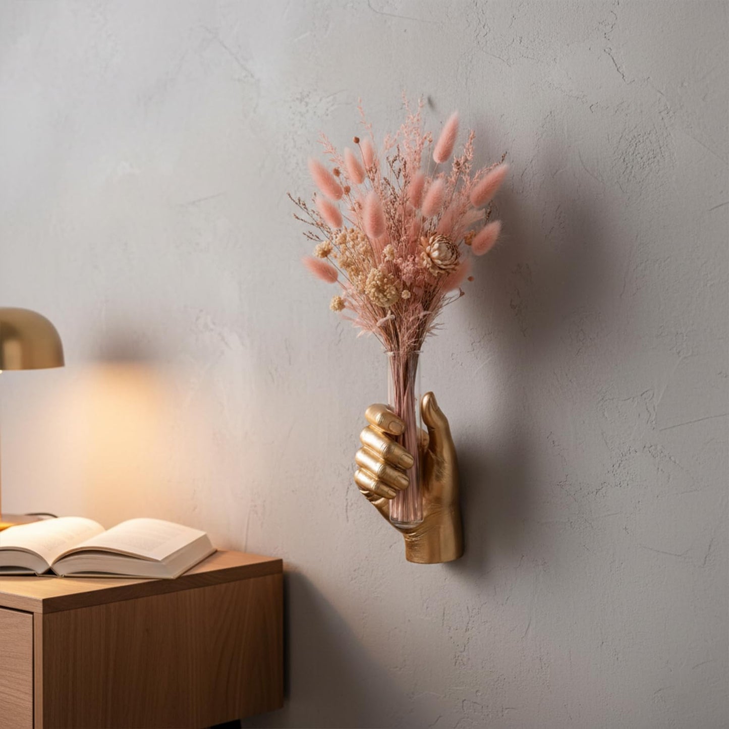 Gold Wall Art Decor Hand Vase, Unique 3D Wall Sculptures Mount Vases for Flowers, Contemporary Gallery Art Whimsical Home Indoor Outdoor Decor Accent, Dimensional Hand Sculpture, Glass Test Tube