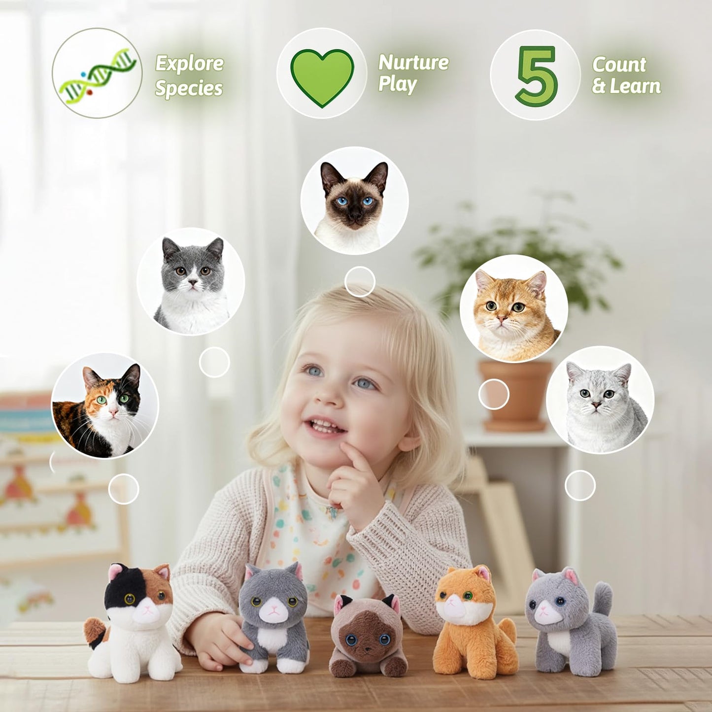 OUOZZZ Cat Stuffed Animal House with 5 Soft Cat Toys for Kids, Portable Gift Set
