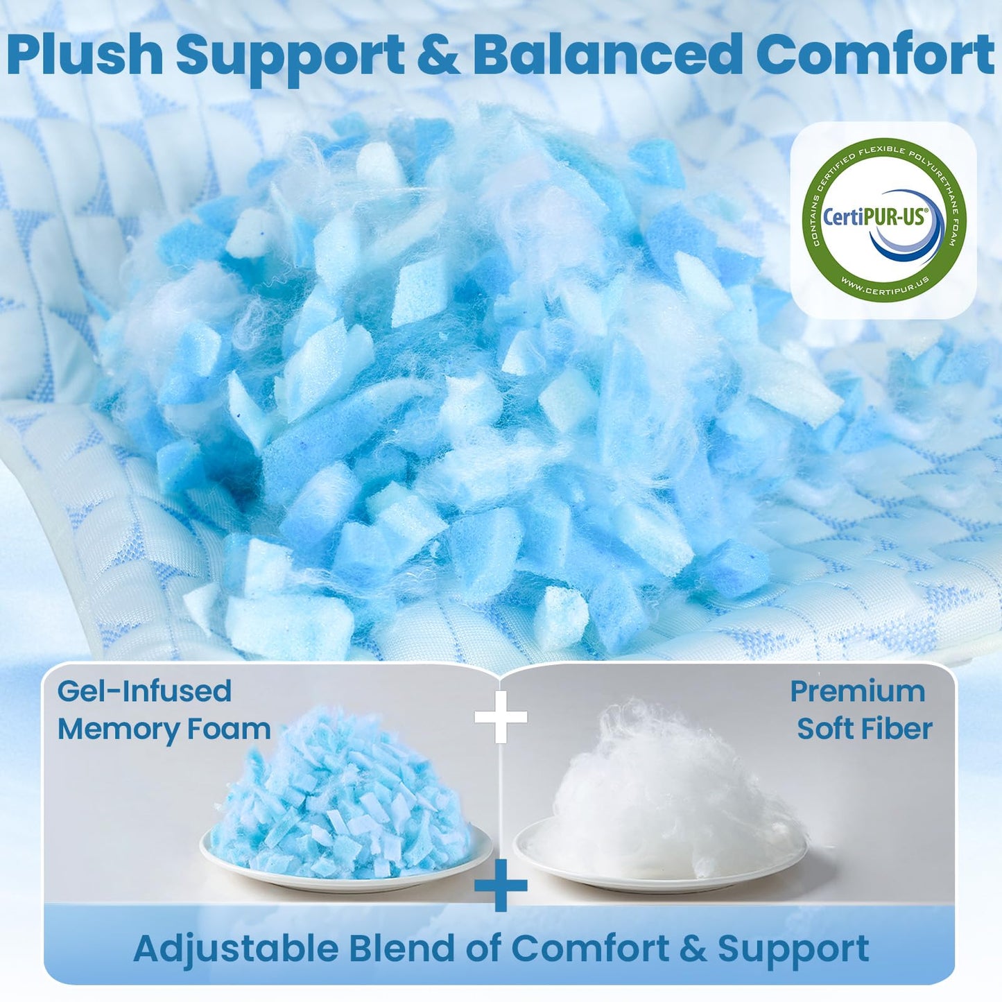 QUTOOL Firm Pillow Shredded Memory Foam, Cooling Pillow for Hot Sleeper, Adjustable Bed Pillow for Side Back Stomach Sleepers, Washable Cover, CertiPUR-US Certified, King Size Set of 2