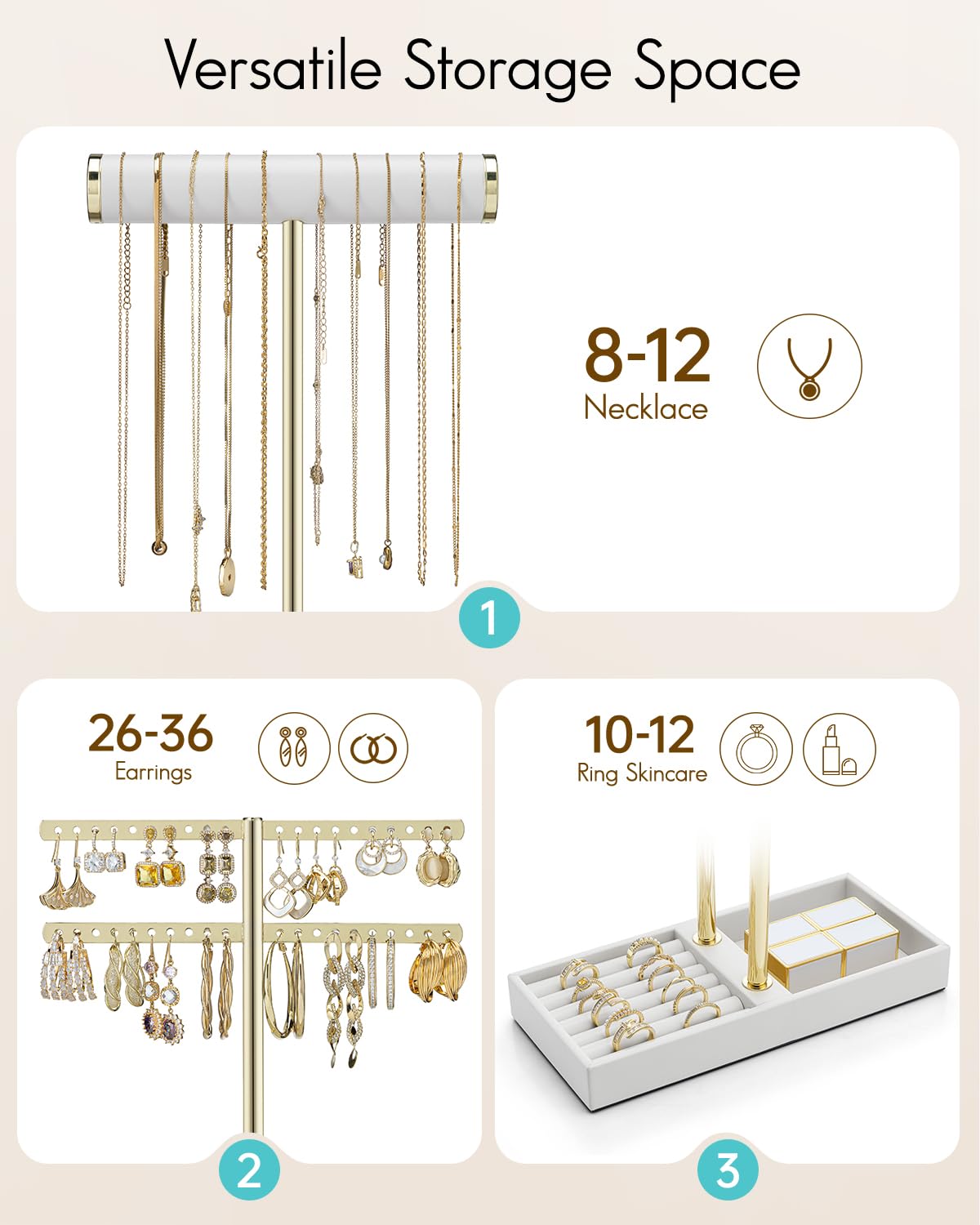 VLANDO 2 Tier Necklace Holder Organizer with Tray, Leather Bracelet Holder Display for Women, Gold Jewelry Holder Stand for Bracelet, Necklace, Earrings, Rings - White