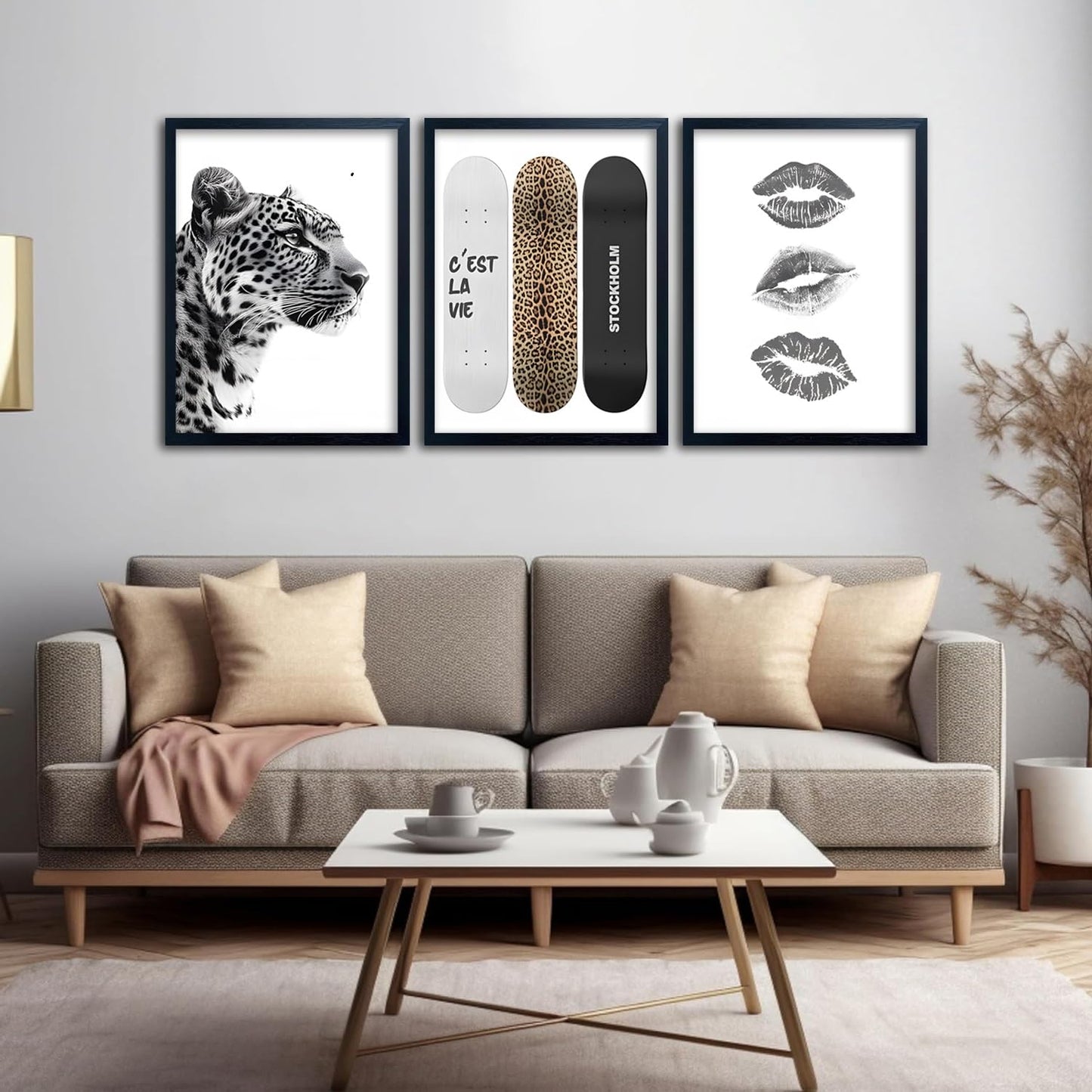 Framed Stockholm Style Canvas Wall Art Set of 3 Black and White Fashion Leopard Print Lips, Preppy Room Aesthetic Cheetah Wall Decor for Girls Bedroom Apartment or Dorm12x16 Inch Black Wood Frame