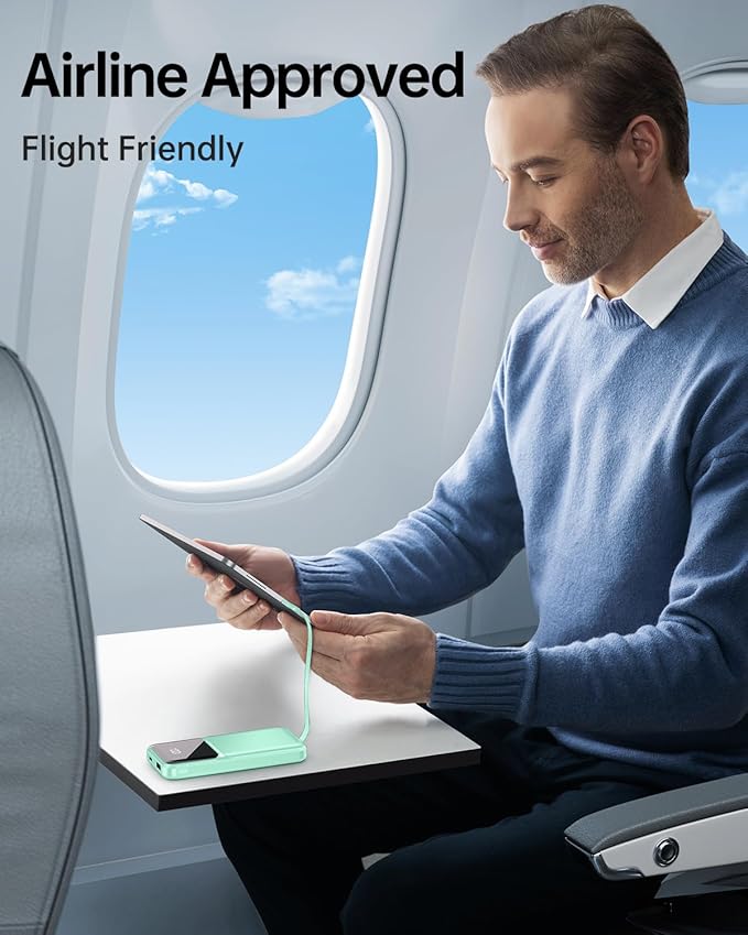 Portable Charger with Built in Cable - Power Bank Fast Charging USB C LED Display 10000mah Battery Pack 5 Outputs & 3 Inputs for Travel Essentials iPhone Samsung Android Phones Tablets Cyan