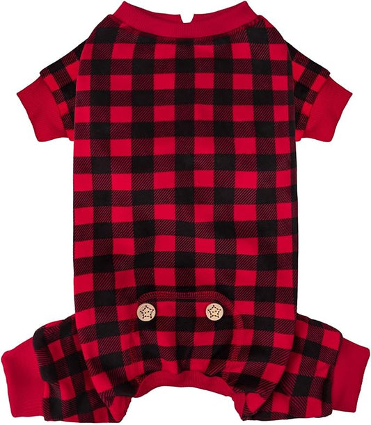 KYEESE Dog Pajamas Soft Dog Pajamas for Small Dogs Comfy Pet Costume Warm 4 Legs Pet Jammies Velvet Pets Onesie Stretchy Dogs Clothes Red Buffalo Check Pet Pjs,M