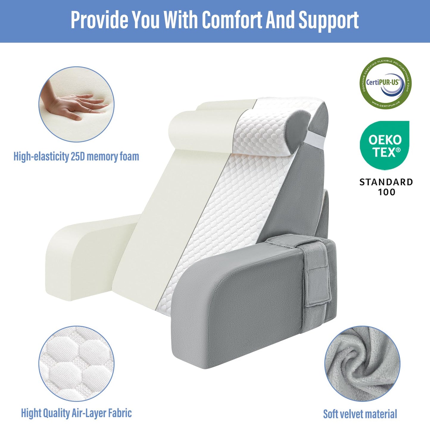 LEBENGURU Reading Pillow for Sitting in Bed Adult, Back Support Pillow with Detachable Headrest & Armrests for Watching TV in Floor,Bed Chair Backrest Pillow for Working/Relaxing/Gaming