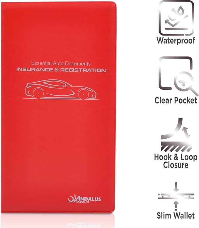 Andalus Auto Registration & Insurance Card Holder Pack of 2, Waterproof Essential Car Registration Holder with Hook & Velcro Closure, Perfect for Every Vehicles Glove Boxes (Red - 9.5" x 5.15")