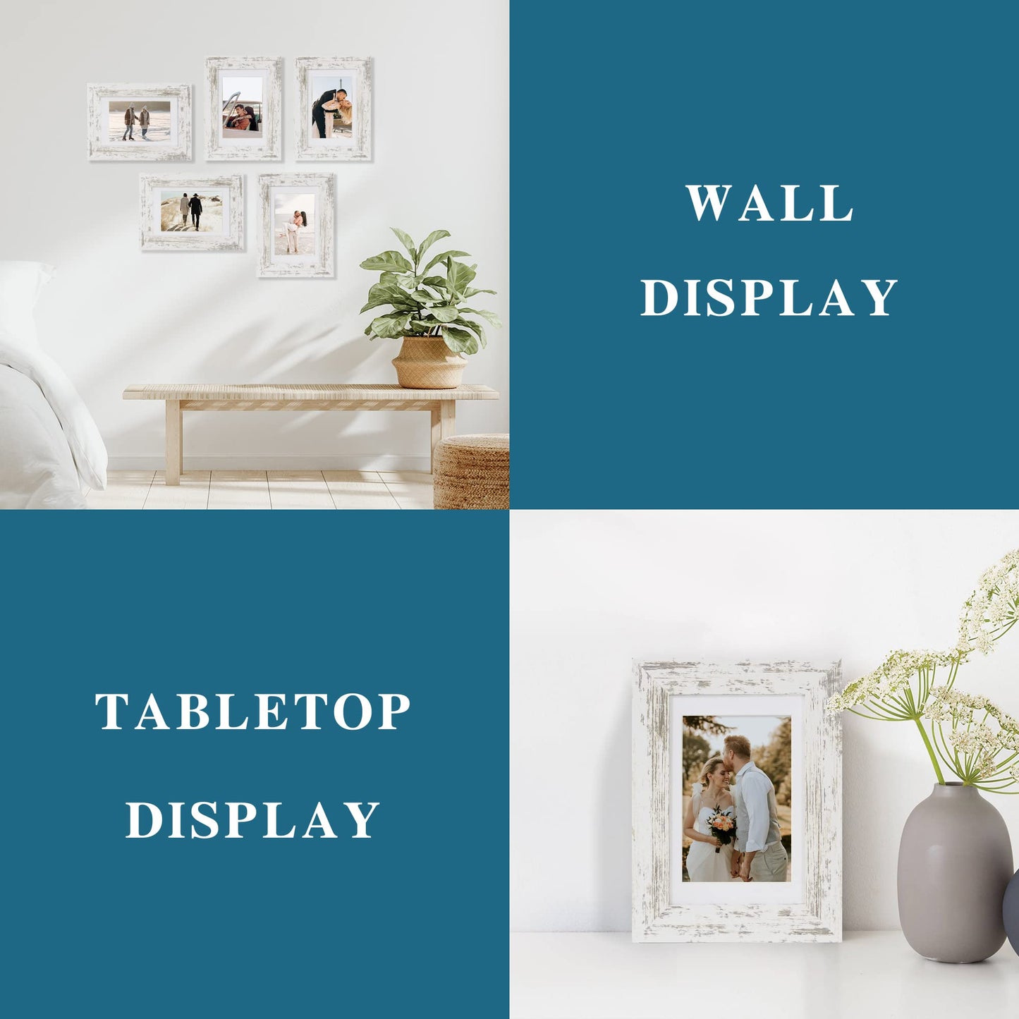 Hongkee 4x6 Picture Frame Set of 4, Made of Real Glass and Distressed White Wooden Frame, 4 by 6 Photo for Wall or Tabletop - Display Picture 3.5x5 with Mat or 4x6 Without Mat