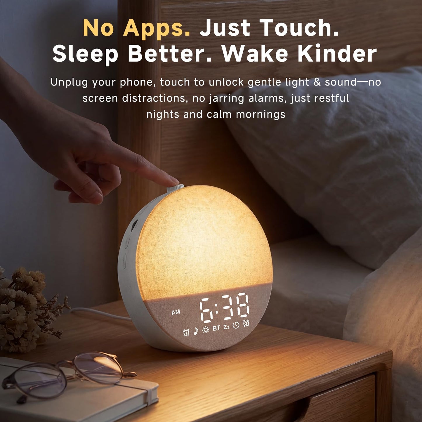 Geuuap Sunrise Alarm Clock White Noise Machine | Natural Wake-Up Light for Bedroom with 30 Soothing Sleep Aids, Bluetooth Speaker, Dimmable Clock, Screen-Free Design for Baby Adults Kids-Grey