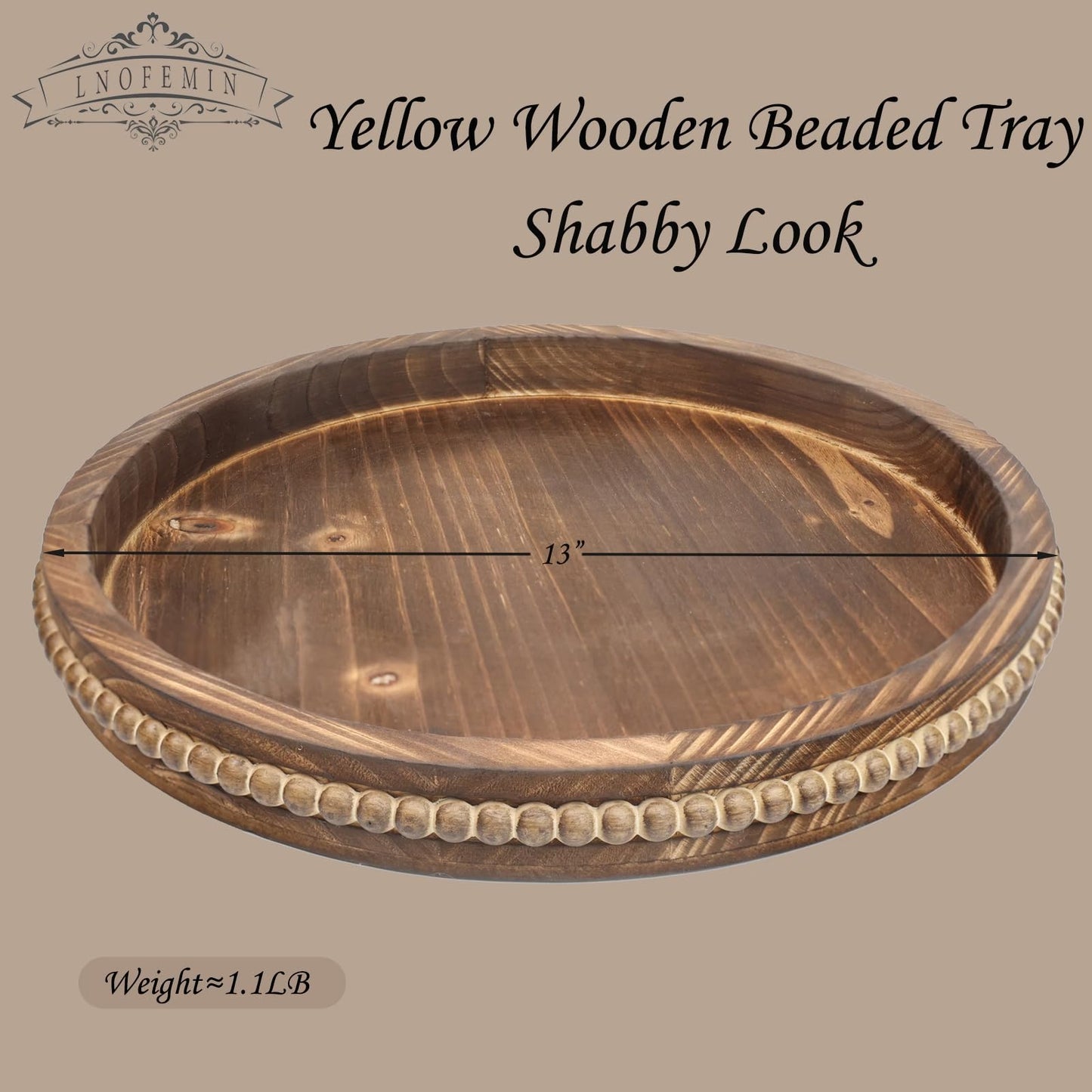Lnofemin Round Burnt Wood Serving Tray with Beads, Wooden Decorative Tray for Entertaining, Decoration, and Gifting,