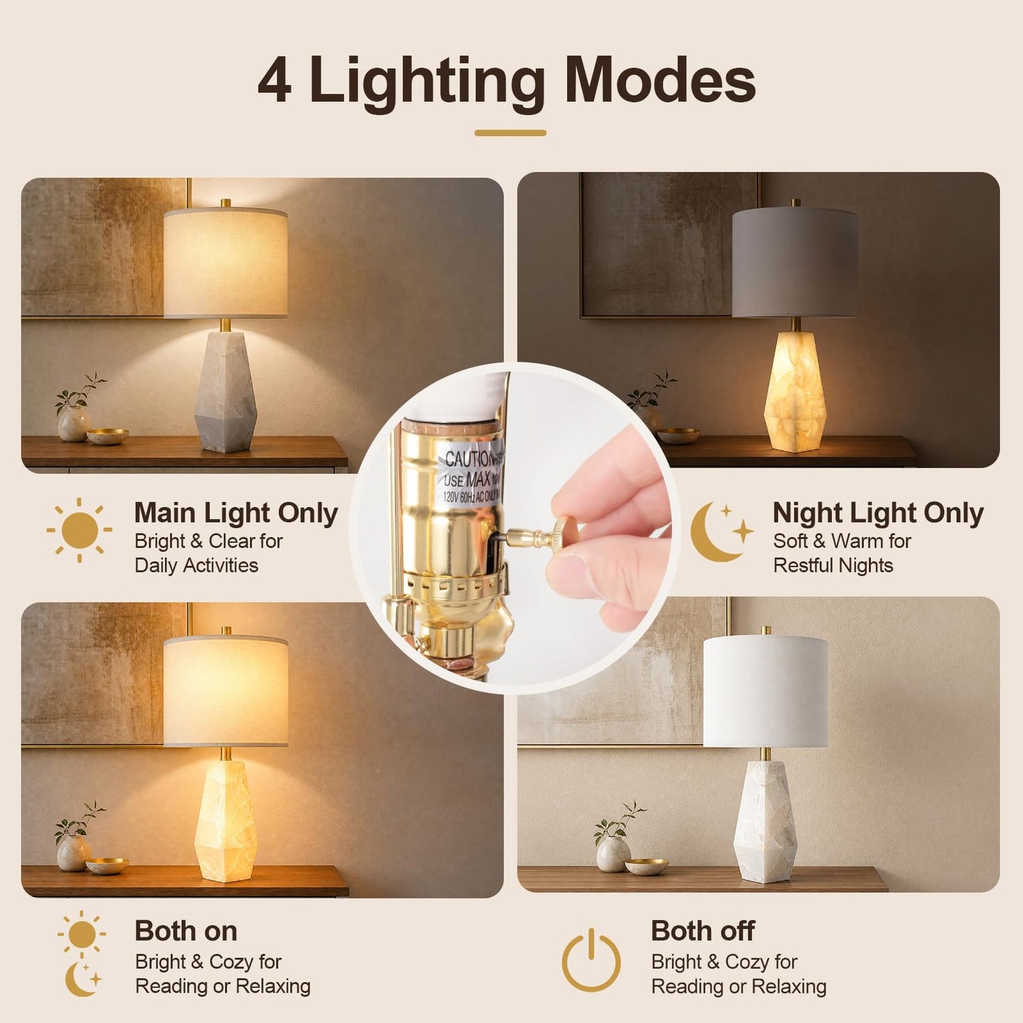 Scenekoy 23" Alabaster Table Lamps Set of 2, Modern Desk lamp with Night Light for Living Room, Rotary Switch, Bedside Lamp with Linen Shade for Bedroom Living Room Office (Bulb Included)