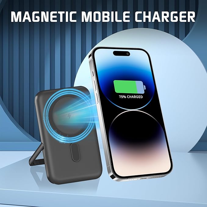 EKR for Magsafe Portable Charger,10000mAh PD20W Magnetic Wireless Power Bank,Fast Charging Battery Pack with Zinc Alloy Stand,Compatible with iPhone 16/15/14/13/12 Series,Samsung Android Series B