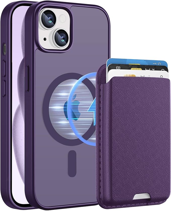 Ntwinro Magnetic for iPhone 13 & iPhone 14 Case (Compatible with MagSafe) with Detachable Wallet & Card Holder for 3 Cards [RFID Blocking] Military Grade Protective Slim Phone Cover, Purple
