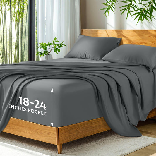 SONORO KATE 100% Viscose Derived from Bamboo_, Extra Deep Pocket up to 18"-24",Ultra Soft & Cooling Sheets for Hot Sleepers, Hotel Luxury Silky Bed Sheets (Dark Grey,King)