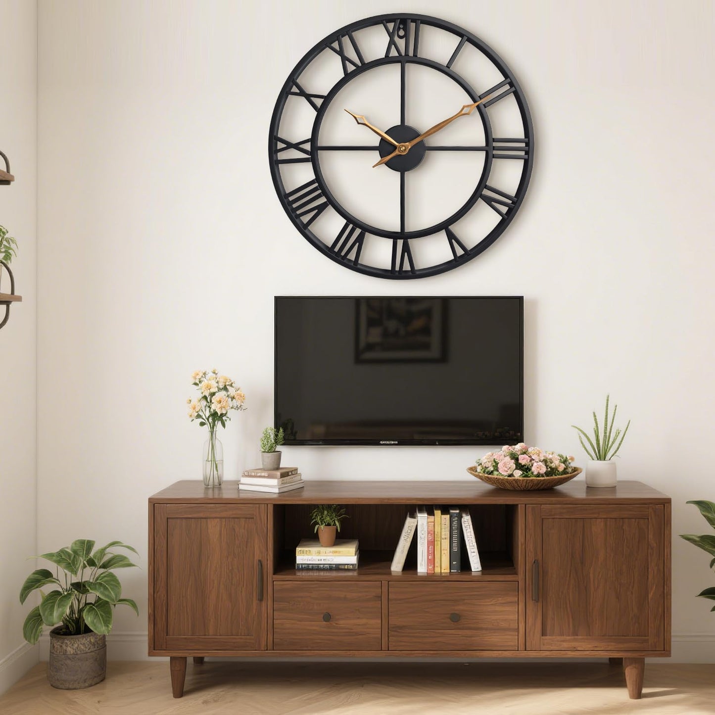 BBALOVEDRE 24 Inch Large Wall Clocks for Living Room Decor,Big Black Roman Numerals Modern Decorative Metal Wall Clocks for Bedroom, Kitchen, Office,Housewarming Gift