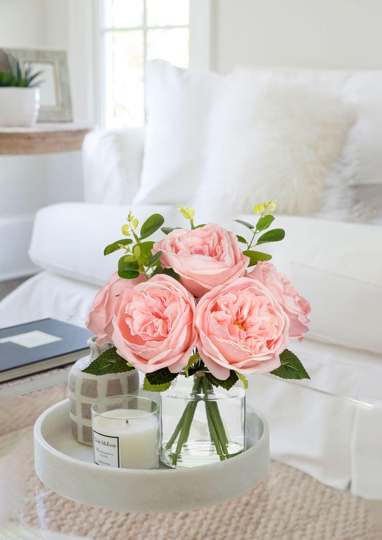 Hollyone Real Touch Peonies Artificial Flowers Arrangements in Vase Pink Fake Peonies with Glass Vase Silk David Austin Roses Faux Flowers with Faux Water Bouquet Table Floral Centerpiece Home Decor