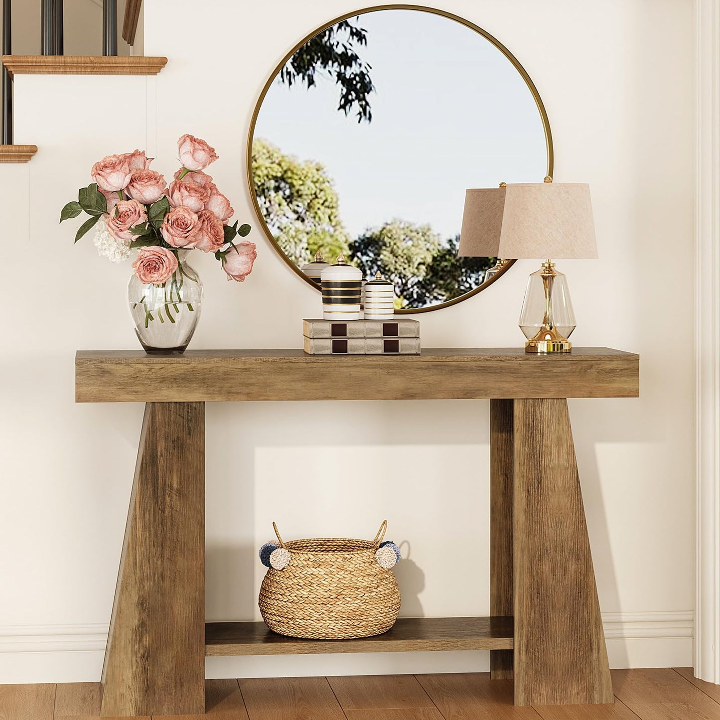 Tohomeor 47.24" Farmhouse Entryway Console Table, Narrow Sofa Table Behind Couch, Wooden Rectangular Entry Table with Storage Shelves for Entrance, Hallway, Living Room, Foyer